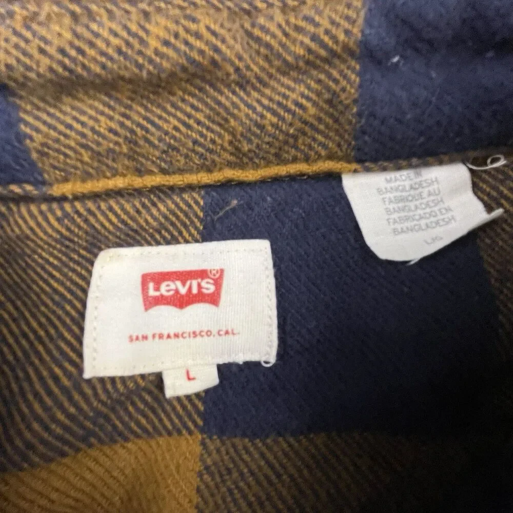 Levis Flannel Shirt Men Large Brown Blue Plaid Western Pearl Snap Rodeo Cowboy